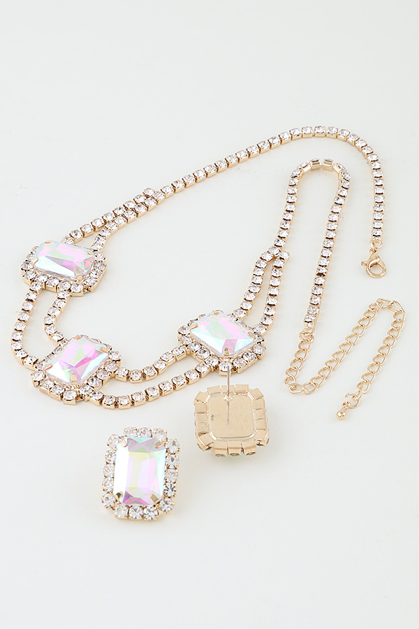 18826 SILVER CLEAR Double Cubic Rhinestone Chain Necklace