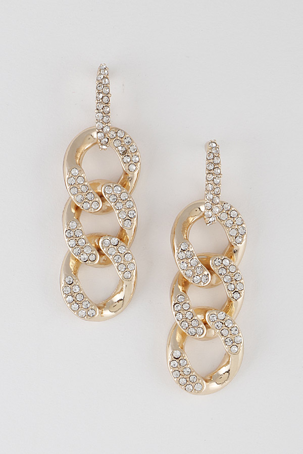 25E1210 GOLD CLEAR Half Rhinestone Chainlink Drop Earrings Dangle