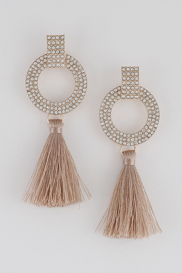 25E1324 GOLD BEIGE Rhinestone Tassel Earrings - Dangle Earrings