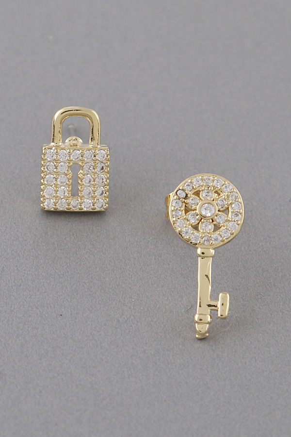 26983 GOLD CLEAR Lock N Key Stud Earrings