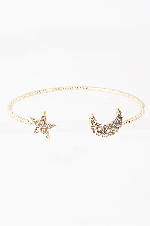 KB5123 Rhinestone Studded Moon Star Cuff Bracelet 5DAB4 Cuff/Stretch