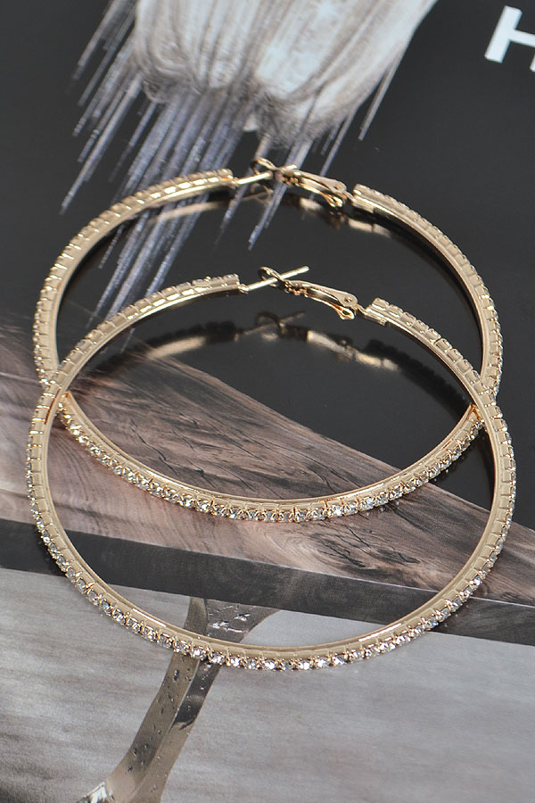 AME2920 GOLD 7CM Double Rhinestone Hoop Earring. - Hoop Earrings