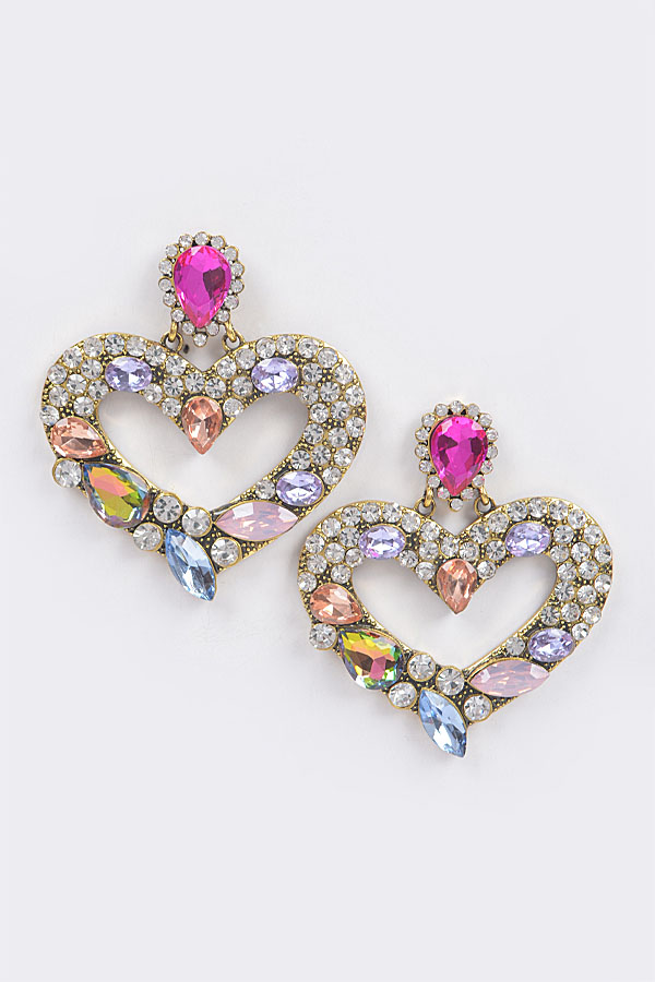 AME3122 MULTICOLOR1 Single Heart Bejeweled Earrings - Rhinestone Earrings