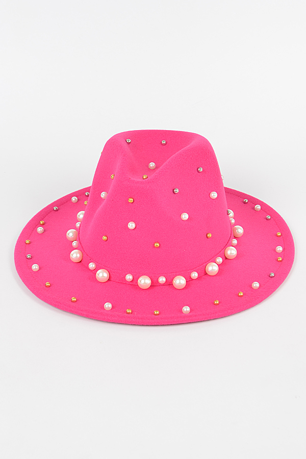 AMH1591 BLACK Fedora Hat W/Pearls and 