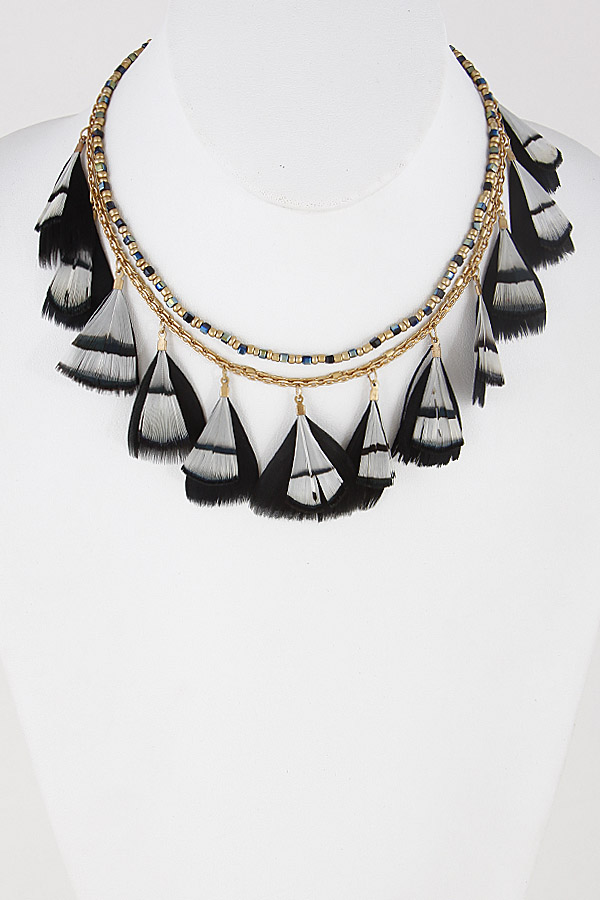 CUN1045 Black Tribal Feather Mixed Necklace 8AAF1 - Statement Necklaces