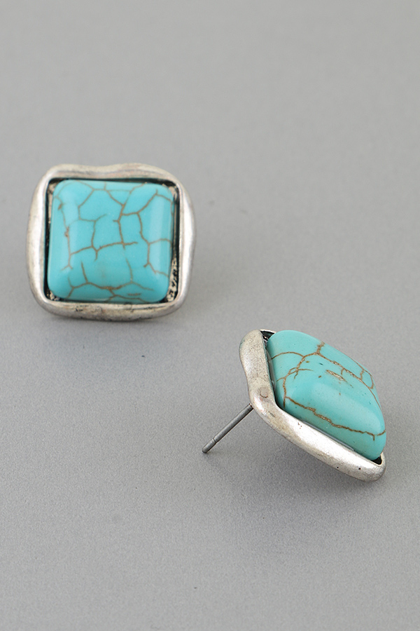 EC2426 SILVER TURQUOISE Antique Stone Cubic Stud Earrings