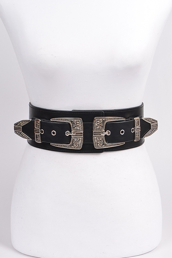 HB8037 BLACK Thick Double Buckle Belt Fashion Belts