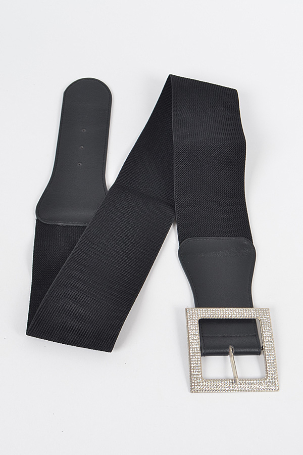 HB8096 BLACK GOLD Rhinestone Buckle Plus Size Elastic belt. Plus Size