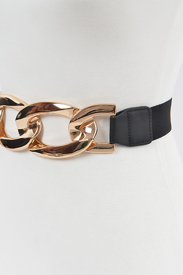 HB8097 BLACK GOLD Oversize Chain Buckle Plus Size Elastic Belt. Plus