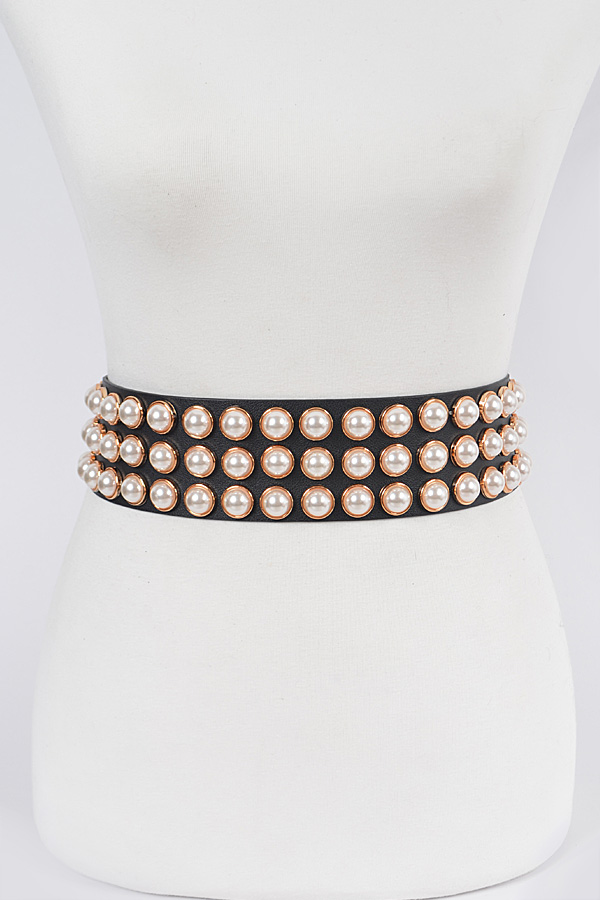 HB8100 BLACK Full Pearl Studded Plus Size Waist Belt. Plus Size Belt