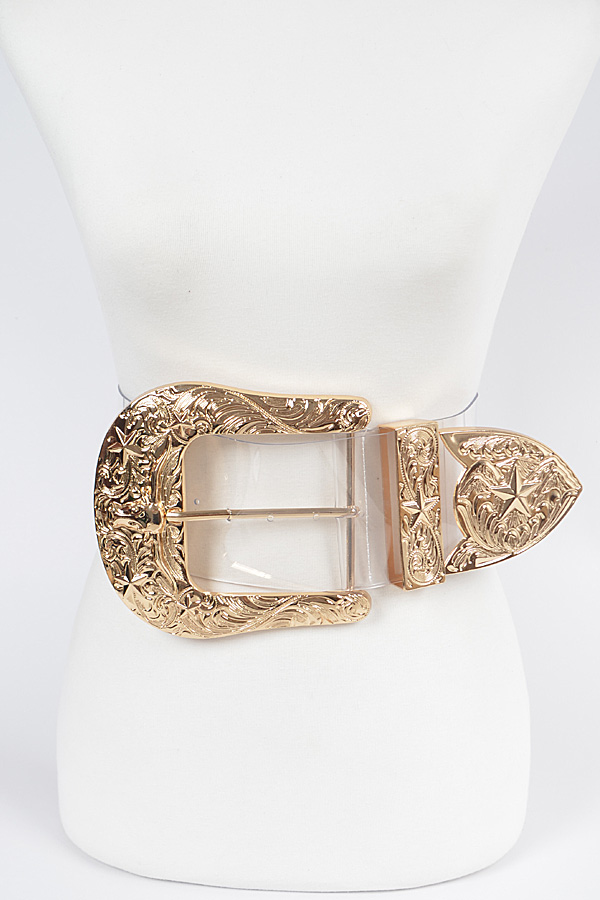 HB8102 CLEAR GOLD Oversized Metal Buckled Plus Size Waist Belt. Plus