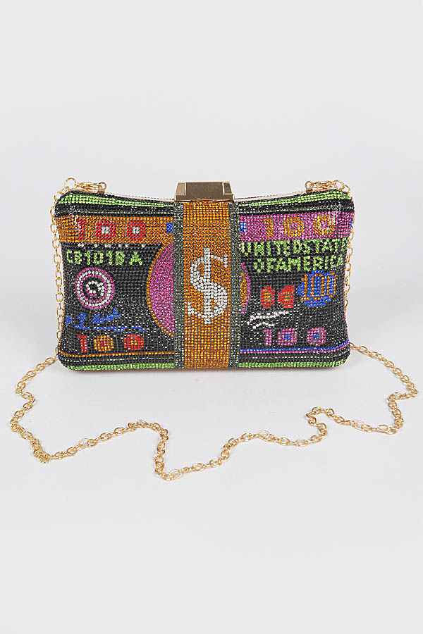 HPC3855 MULTICOLOR Rhinestone Money Hard Party Clutch Clutch & Wallet
