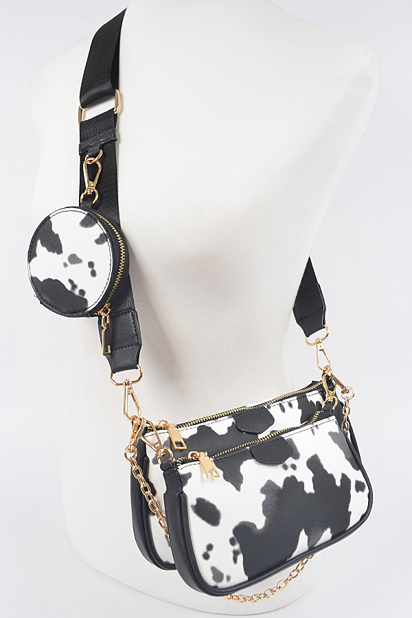 HPC3947 BLACK Cow Print Crossbody Bag W/Air Pod Purse - Clutch & Wallet