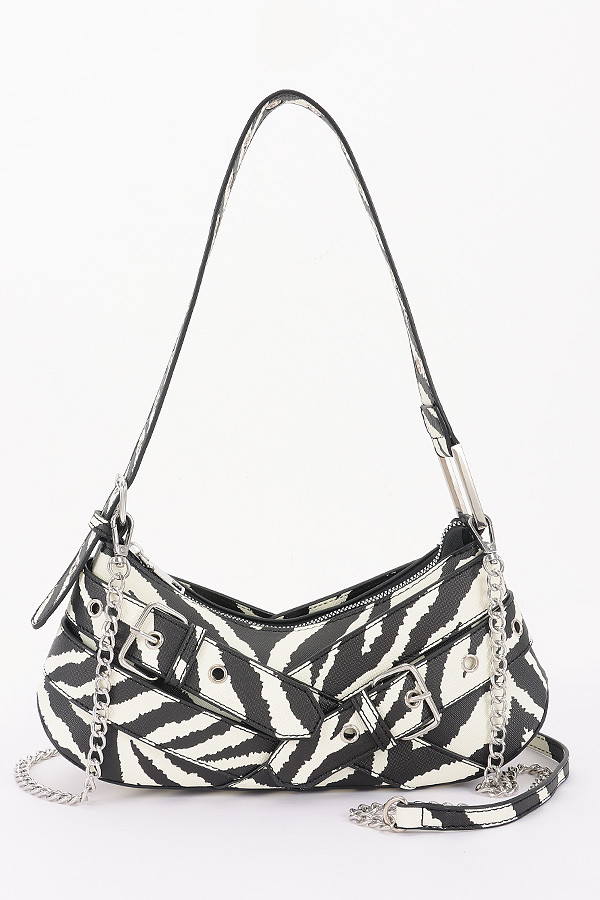 HPC6649 BLACK WHITE Faux Leather Multi Metal Shoulder Bag