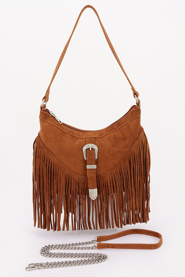 HPC6654 MUSTARD Faux suede Metal Buckle Fringe Bag - Newly