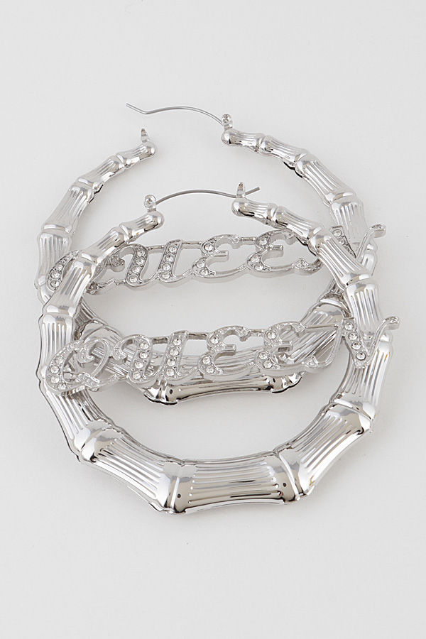 KE5037 SILVER CLEAR Rhinestone Upside Down Hoop Earrings