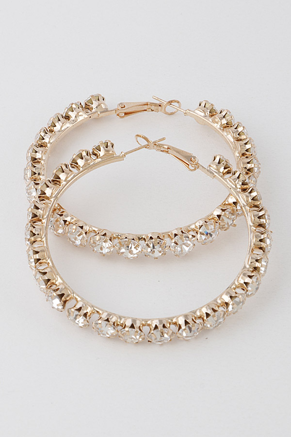 LE3043 GOLD CLEAR Exposed Rhinestone Hoop Earrings