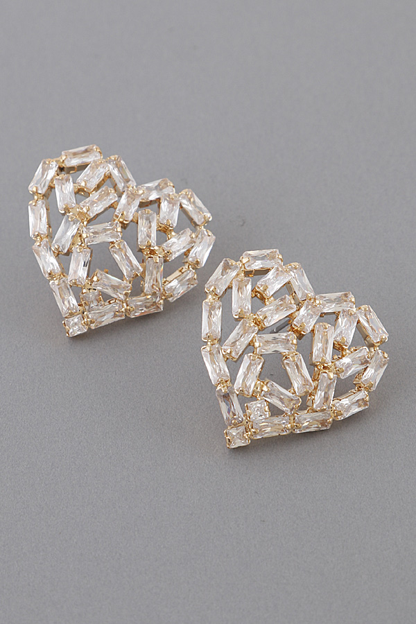ME9363 GOLD CLEAR Rhinestone Heart Stud Earrings