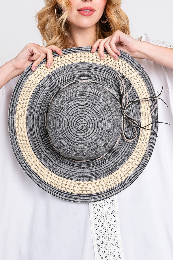 MH0157 BLACK MIXED COLOR STRAW SUN HAT WITH WOVEN DETAIL & STRING BAND ...
