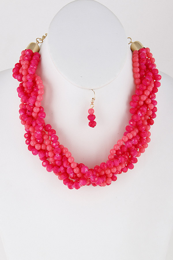 MNE6783 GOLD NEON PINK Bead Braided Necklace 9EAB8 Statement Necklaces