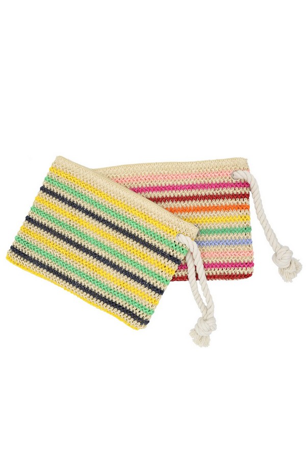 MP0205 GREEN ROPE HANDLE MULTI COLOR STRIPED STRAW CROCHET POUCH ...