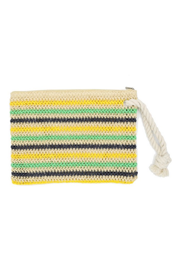 MP0205 GREEN ROPE HANDLE MULTI COLOR STRIPED STRAW CROCHET POUCH ...