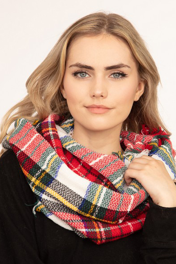MS0191 IVORY Tartan Infinity Scarf Scarves