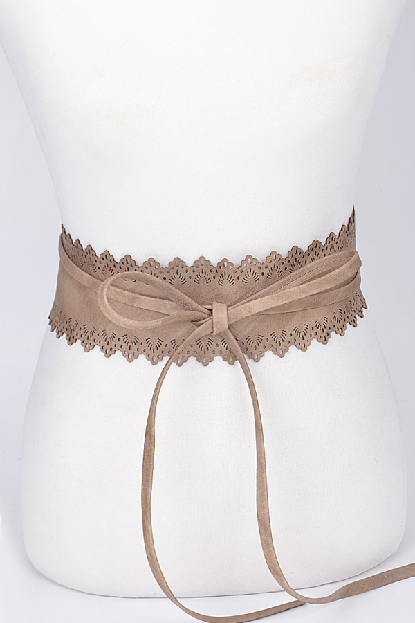 PB6817 Khaki Lacy Inspired Patterned Ribbon String Belt Fashion Belts