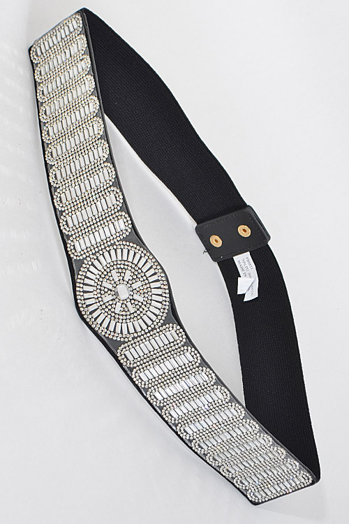 PB6833 BLACK Shiny Belt With Rhinestone Details Fashion Belts