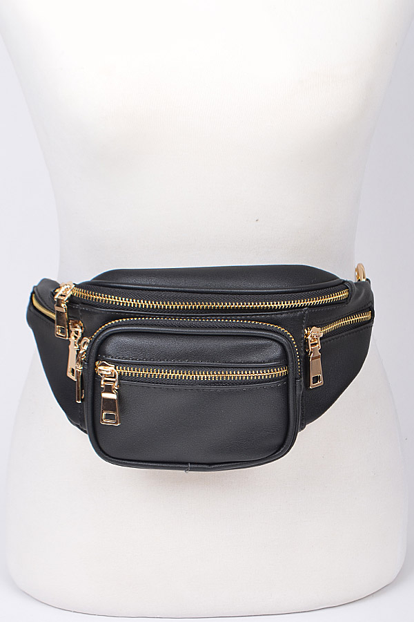 PB6980 Black Gold Plain Fanny Pack With Zipper and Chain Details.