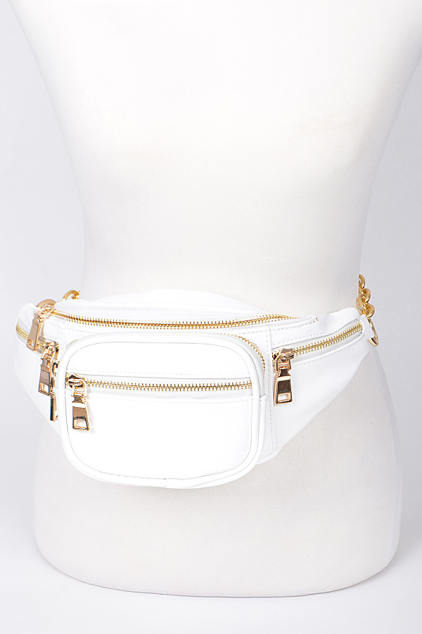 PB6980 White Plain Fanny Pack With Zipper and Chain Details.