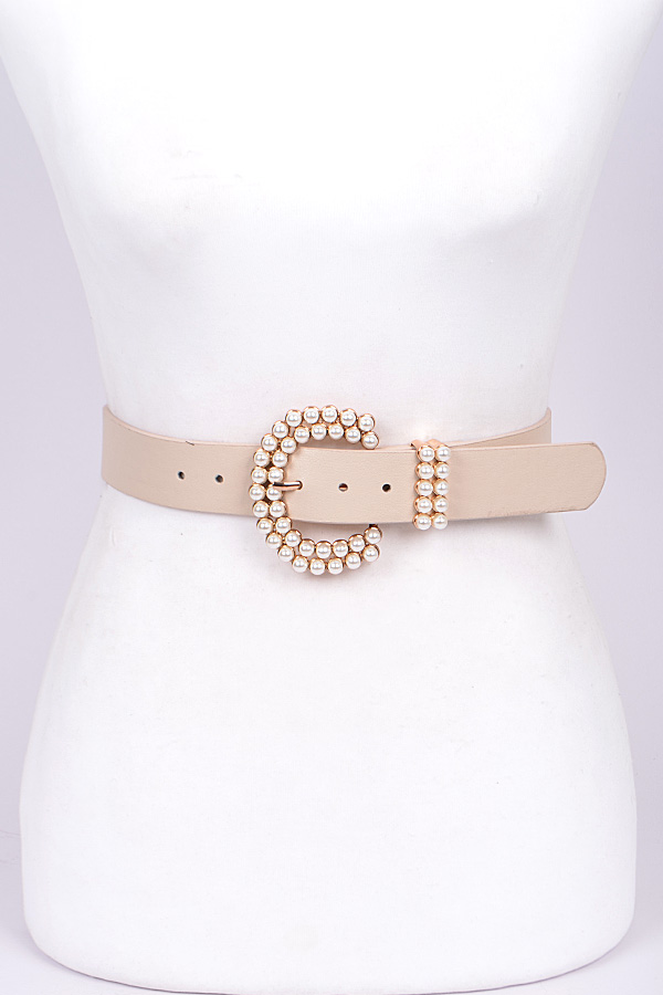 PB7473 BEIGE Pearl Buckle Belt Fashion Belts
