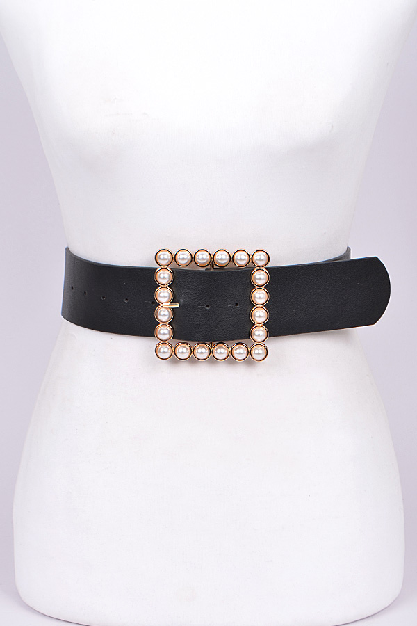 PB7480 BLACK Square Pearl Buckle Belt. - Fashion Belts