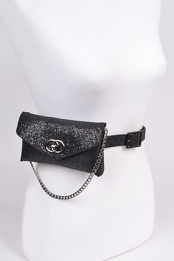 PB7620 BLACK Sequin Chain Embellished Fanny Pack.