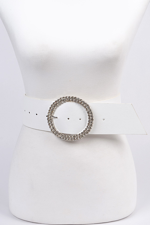 PB7648 WHITE Circular Rhinestone Buckle Belt Fashion Belts