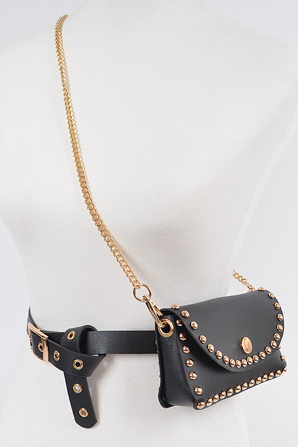 PB7812 BLACK GOLD Studded Faux Leather Fanny Pack.