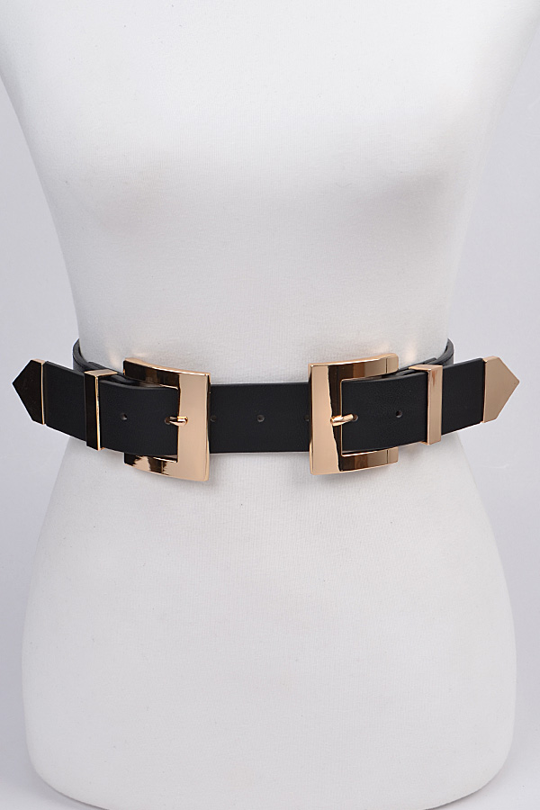 PB7818 BLACK Double Square Metal Buckle Belt - Fashion Belts