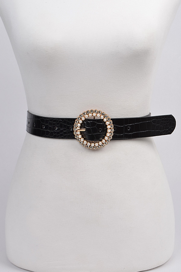 PB7823 BLACK Rhinestone and Beads round Belt - Fashion Belts