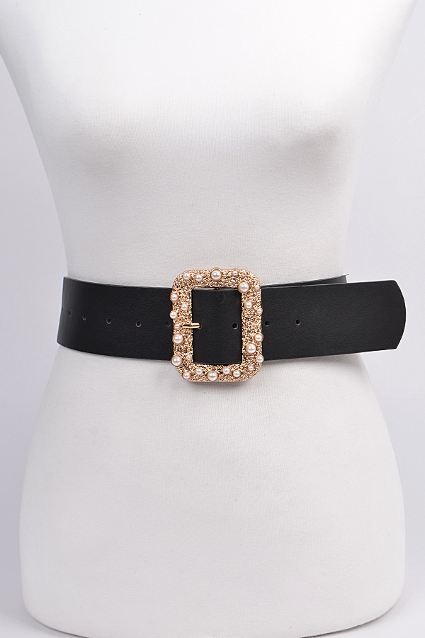 PB7833 BLACK Glitter Beads Rectangle Belt - Fashion Belts