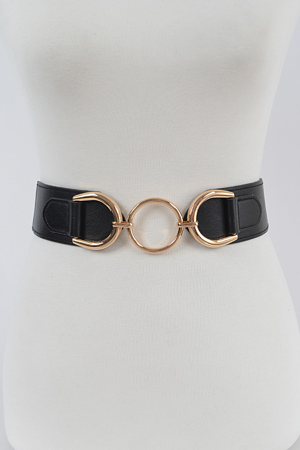 PB7893 BLACK GOLD O Ring Metal Buckle Elastic Belt - Fashion Belts