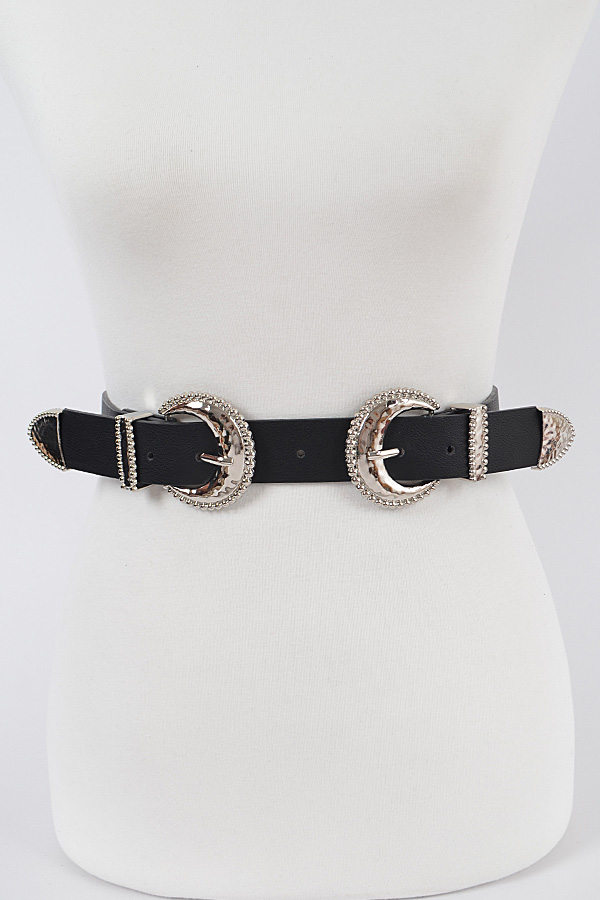 PB7894 BLACK SILVER Two Buckle Waist Belt. - Fashion Belts