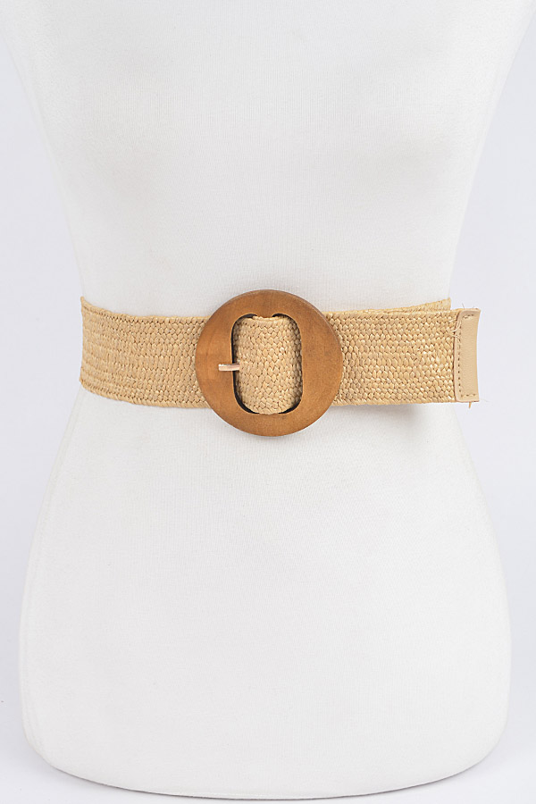 PB8536 KHAKI Circle Wood Buckle Straw Belt - Fashion Belts