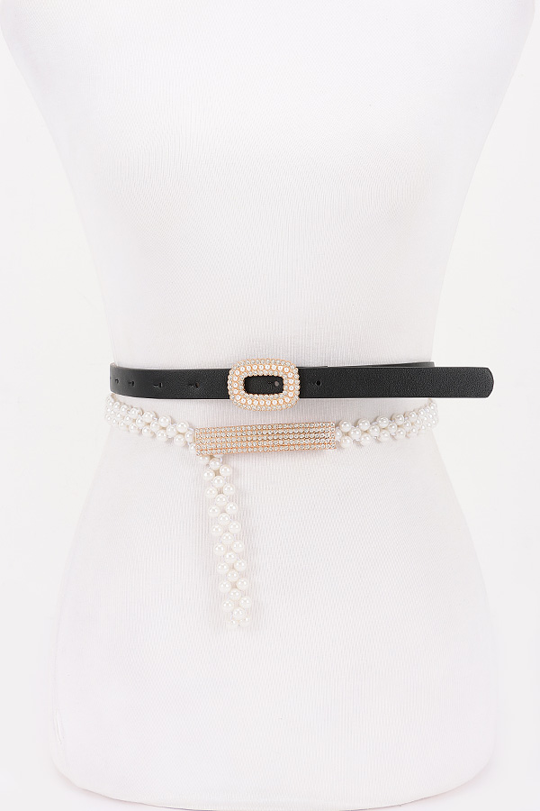 PB8936 MULTICOLOR Pearl & Rhinestone Layered Belt - Belts