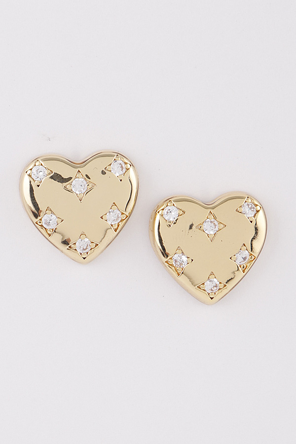 PE2374 GOLD CLEAR Bejeweled Heart Stud Earrings