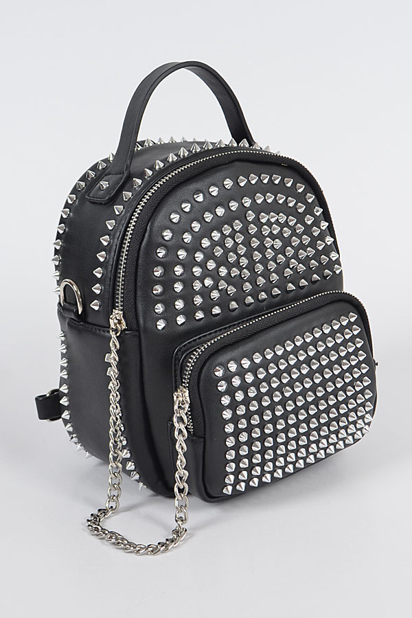PP6997 BLACK SILVER Studded Backpack With Chain Zippier.
