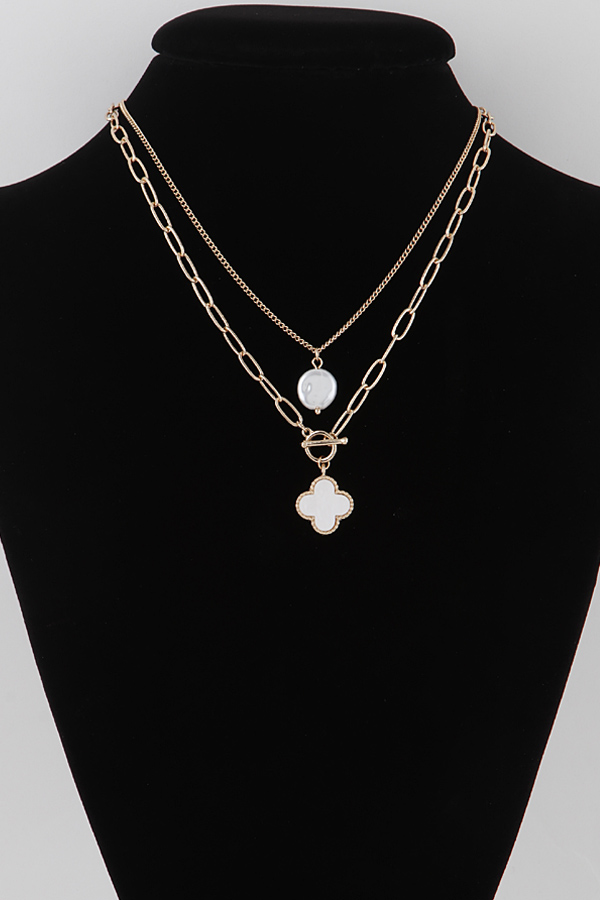 QN4583 SILVER CREAM Double Clover Toggle Chain Necklace - Necklaces