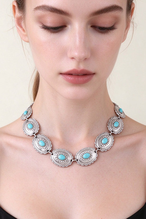Silver Tone Western Concho Turquoise Stone Link Necklace