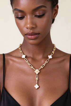 Gold Tone Clover & Paperclip Chain Y Necklace