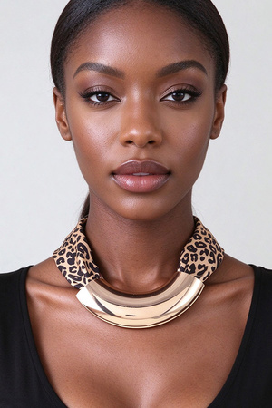 Leopard Print Scarf With Curved Gold Tone Collar Accent