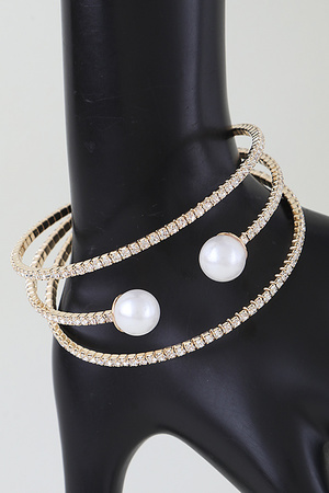 Triple Pearl Bejeweled Open Cuff Bracelet